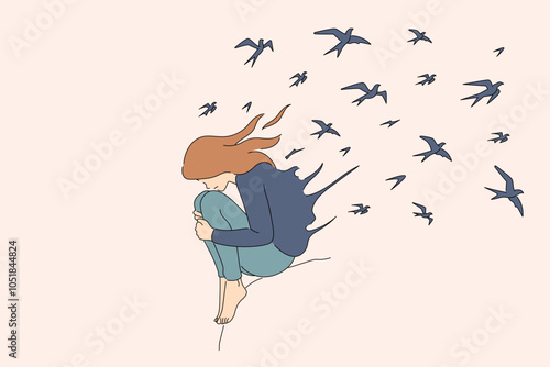 Depressive disorder in woman sitting on high cliff with birds flying out of back