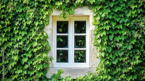 Window surrounded by lush green ivy leaves, natural framing, serene atmosphere