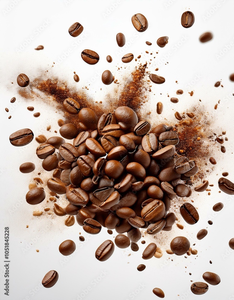 Obraz premium Explosión de granos de café arabica tostatos, Fondo blanco