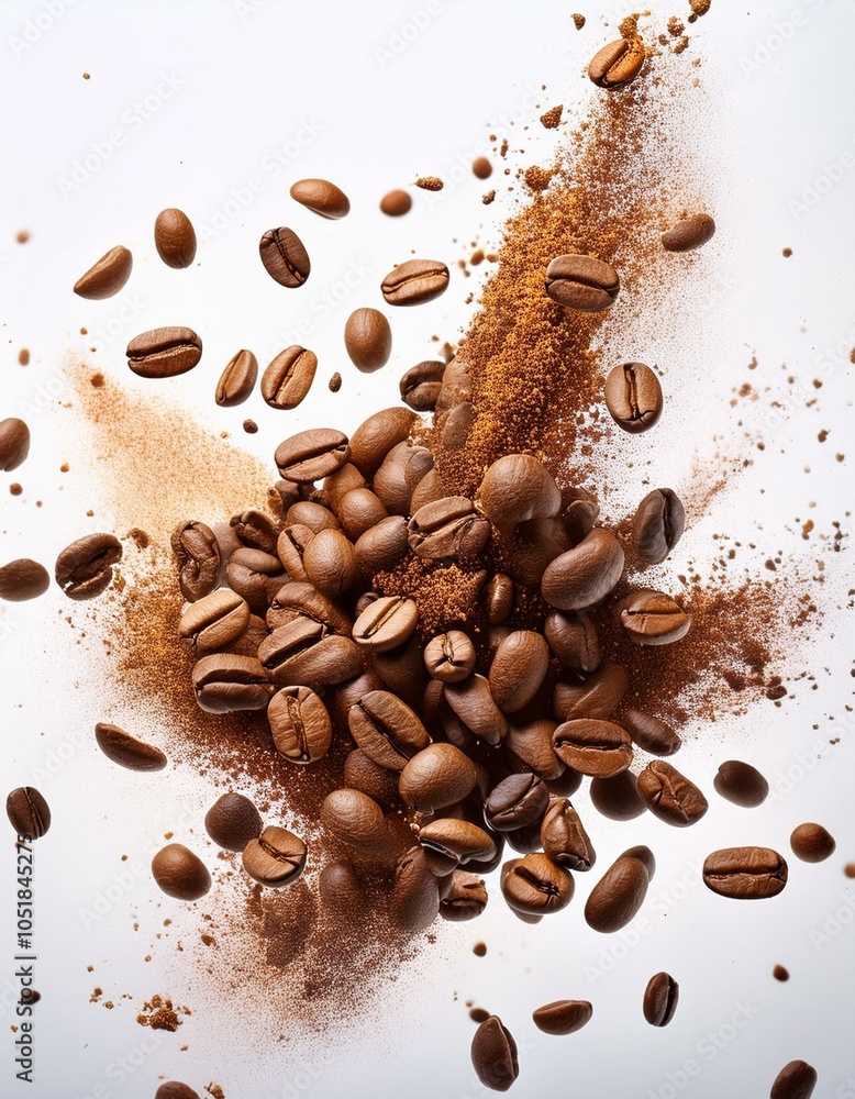 Obraz premium Explosión de granos de café arabica tostatos, Fondo blanco