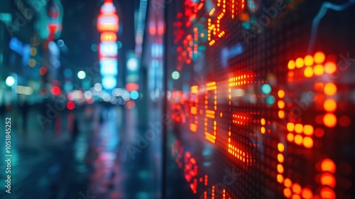 A vibrant city scene at night, featuring illuminated digital stock market data against a blurred backdrop of colorful lights.