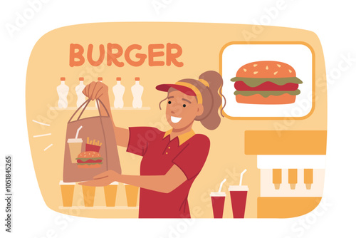 Woman sells burgers in fast food cafe, stands behind counter and holds bag of ready-made lunch. Teenage girl smiles and enjoys opportunity to work part-time in fast food restaurant.