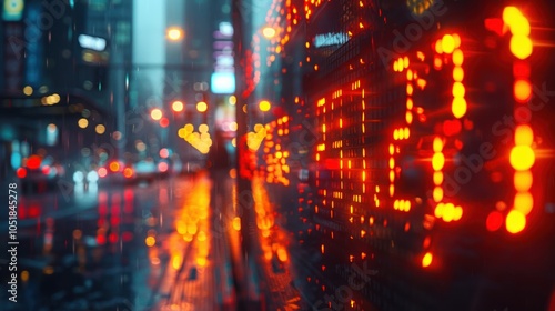 A vibrant city scene at night featuring illuminated signs reflecting on wet streets, creating a moody, atmospheric setting.