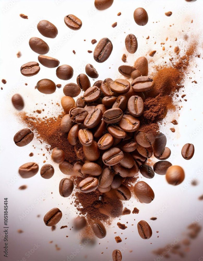 Obraz premium Explosión de granos de café arabica tostatos, Fondo blanco