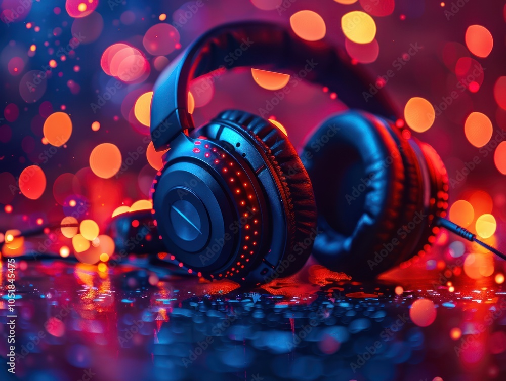 A close-up of stylish headphones resting on a reflective surface, surrounded by vibrant, blurred bokeh lights in red, blue, and purple tones.