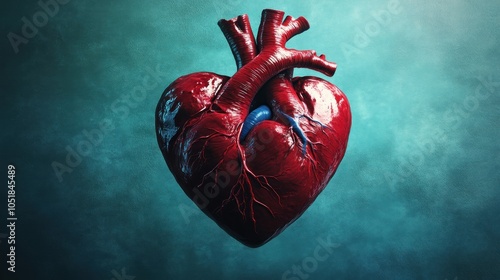 A realistic 3D rendering of a human heart against a teal background.