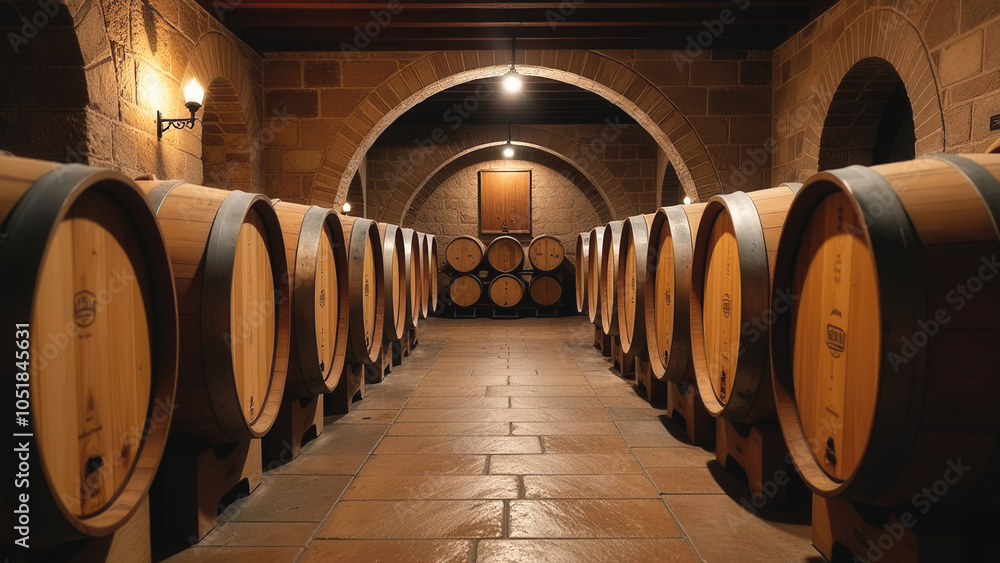 Wine cellar with wooden barrels aging in rows, creating an atmosphere of tradition Wine cellar with wooden barrels aging in rows, creating an atmosphere of tradition