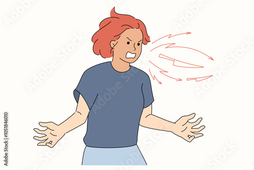 Aggressive woman calls names and abuses interlocutor, demonstrating rage due to lack of submission