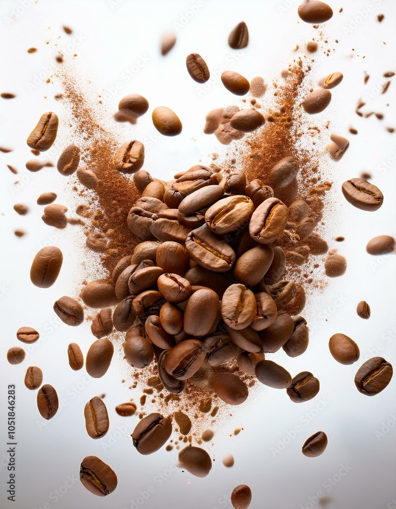 Obraz premium Explosión de granos de café arabica tostatos, Fondo blanco