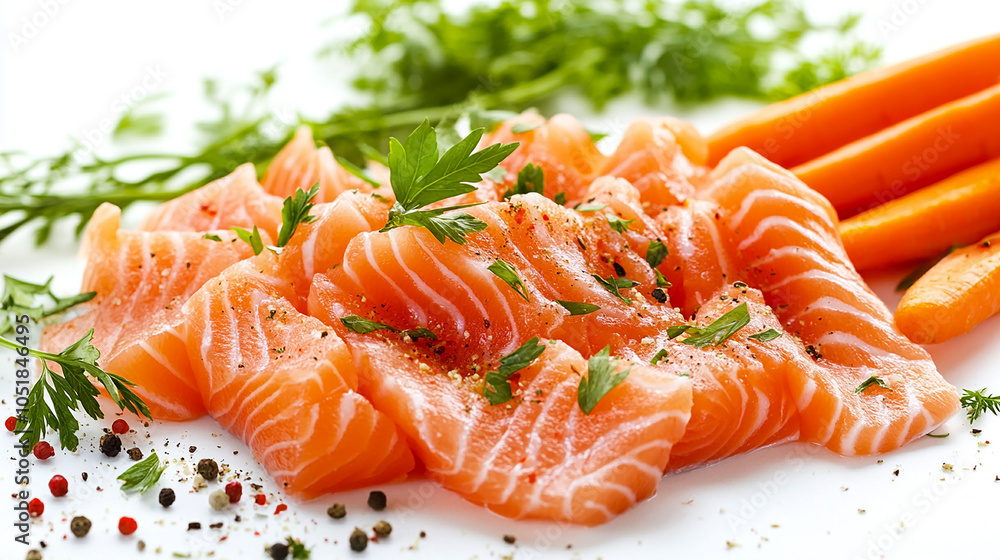 Spicy Salmon Crudo and Carrots isolated on white background Spicy Salmon Crudo and Carrots isolated on white background