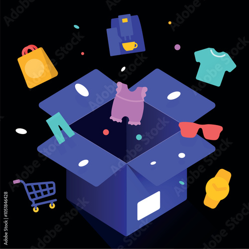 Shopping, a box with purchases and gifts on a dark background