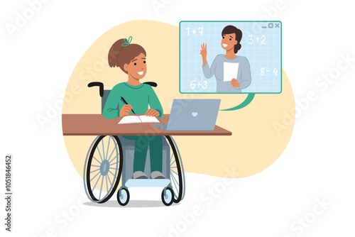 Inclusive education for teenage girl sitting in wheelchair during online math lesson. Inclusive education for school-age children with disabilities to gain equal knowledge with peers