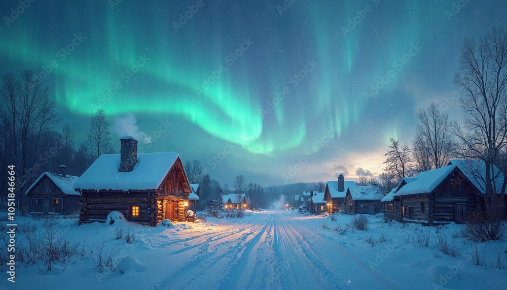 Northern Lights illuminating a quiet village with log cabins and smoke rising from chimneys on a snowy evening Northern Lights illuminating a quiet village with log cabins and smoke rising from chimneys on a snowy evening