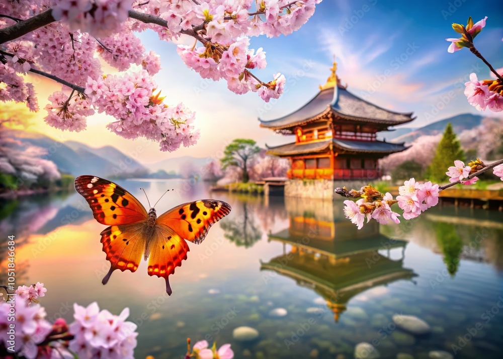 Asian Comma Butterfly Double Exposure in Japan's Nature Landscape Asian Comma Butterfly Double Exposure in Japan's Nature Landscape