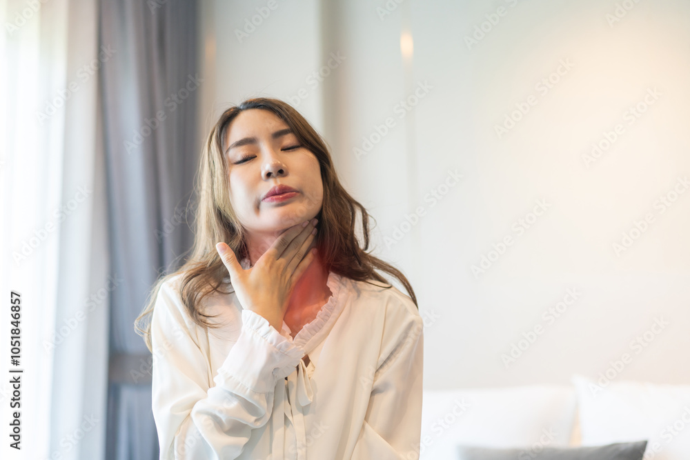 Sick asian women touching neck unwell coughing with sore throat pain,lung cancer,bronchitis,Bronchial Asthma,Tuberculosis,pneumonia,covid-19,eco air pollution pm2.5.insurance and hospital Sick asian women touching neck unwell coughing with sore throat pain,lung cancer,bronchitis,Bronchial Asthma,Tuberculosis,pneumonia,covid-19,eco air pollution pm2.5.insurance and hospital