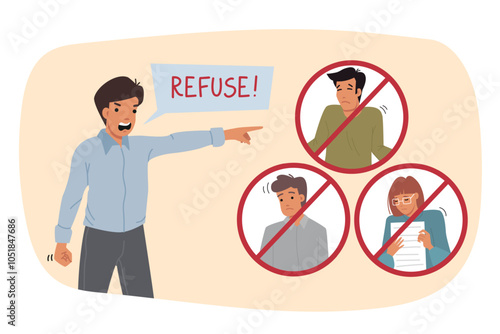 Refuse shouts business man dismissing subordinates and pointing finger towards exit. Word refuse near manager experiencing anger and aggression due to stupidity of employees making mistakes