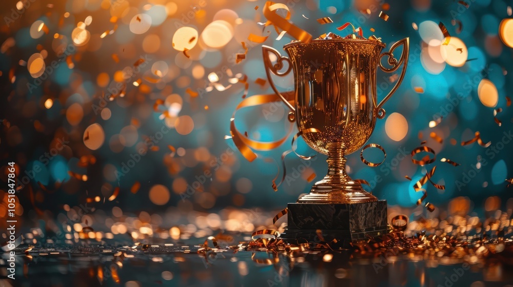 Golden trophy surrounded by shimmering confetti and bright bokeh lights, symbolizing victory and celebration.