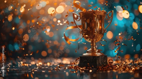 Obraz na płótnie Golden trophy surrounded by shimmering confetti and bright bokeh lights, symbolizing victory and celebration. w salonie