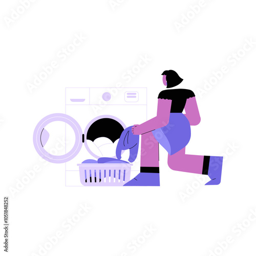 Female Character Kneeling And Loading Laundry Into Washing Machine In Flat Vector Illustration Symbolizing Laundry Service, Household Task, And Cleanliness, Isolated On White Background.
