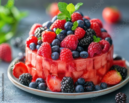 Obraz na płótnie A vibrant fruit cake topped with fresh berries, featuring layers of watermelon jelly and garnished with mint leaves for a refreshing dessert. w salonie