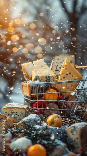A festive basket filled with various cheeses and fruits, surrounded by a snowy backdrop, creating a warm and cozy atmosphere.