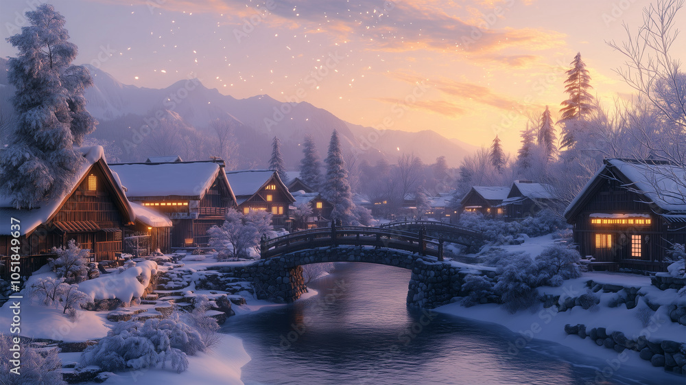 Fototapeta premium 冬の日本村と氷の風景