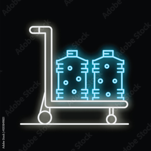 Glowing neon line icon representing a hand truck carrying large water bottles, isolated on a black background