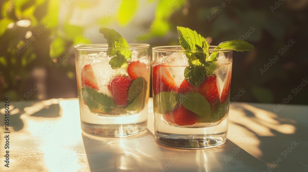 Refreshing strawberry mint cocktails with ice, sunlight, and greenery Refreshing strawberry mint cocktails with ice, sunlight, and greenery