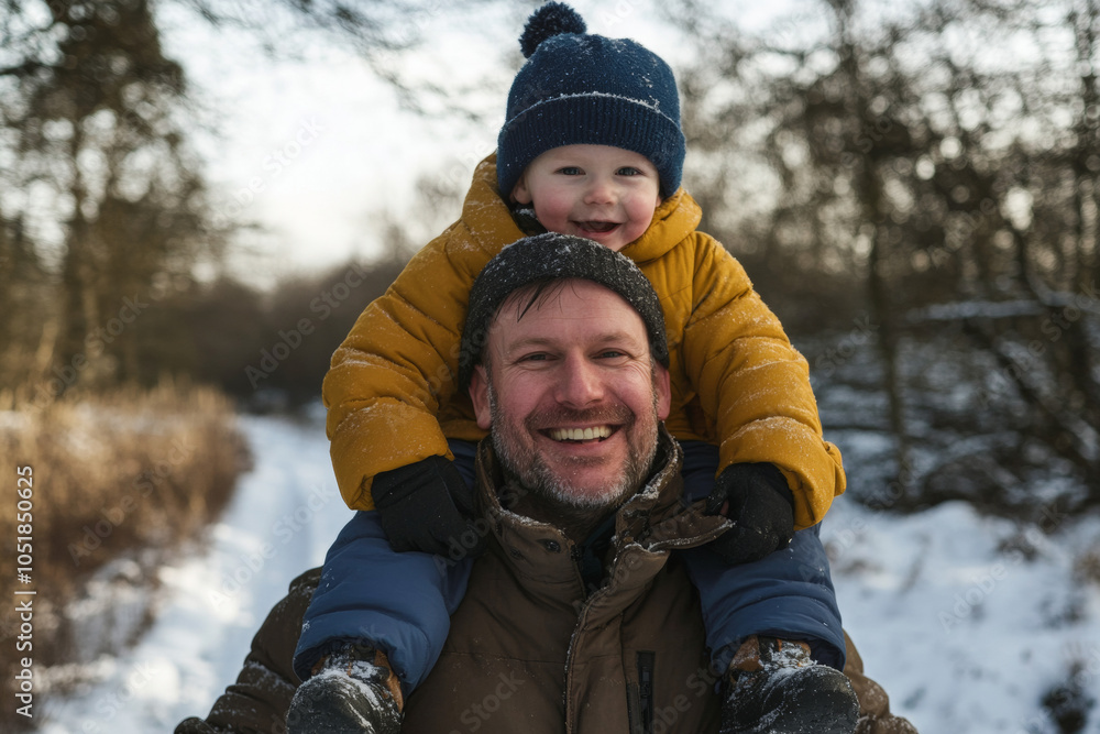 Caucasian middle-aged man in casual clothes with his little son on his neck standing against the background of snowy forest in winter. Caucasian middle-aged man in casual clothes with his little son on his neck standing against the background of snowy forest in winter.