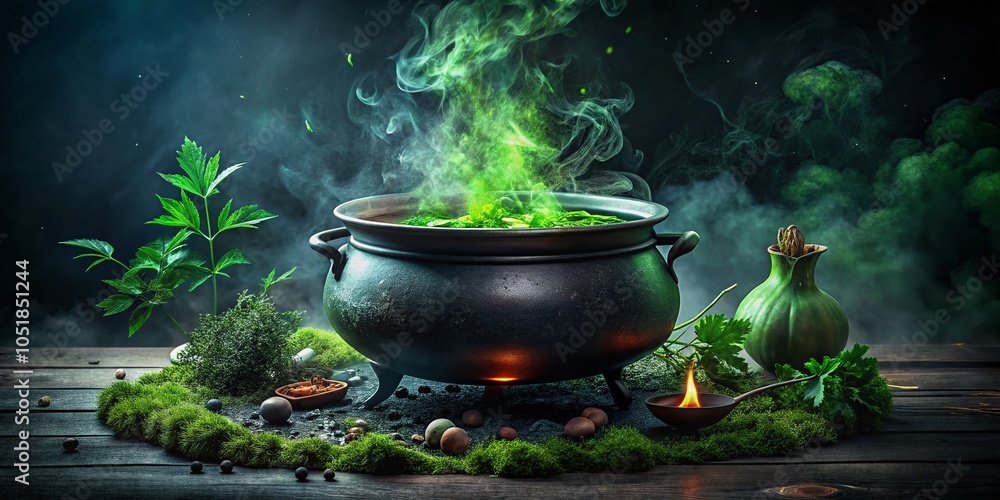 Black Cauldron with Green Witch's Brew - Magical Halloween Product Photography Black Cauldron with Green Witch's Brew - Magical Halloween Product Photography
