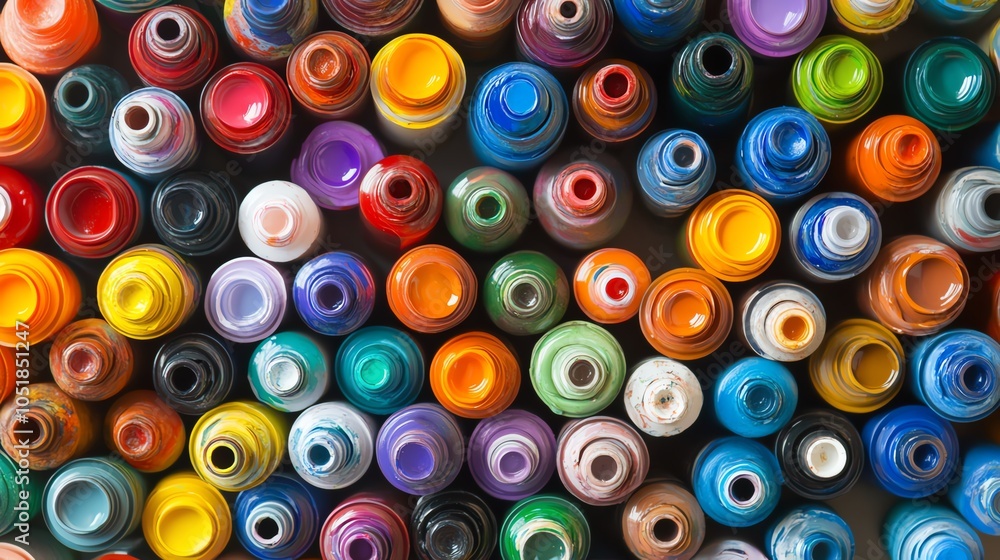 Colorful paint cans on a flat surface Colorful paint cans on a flat surface