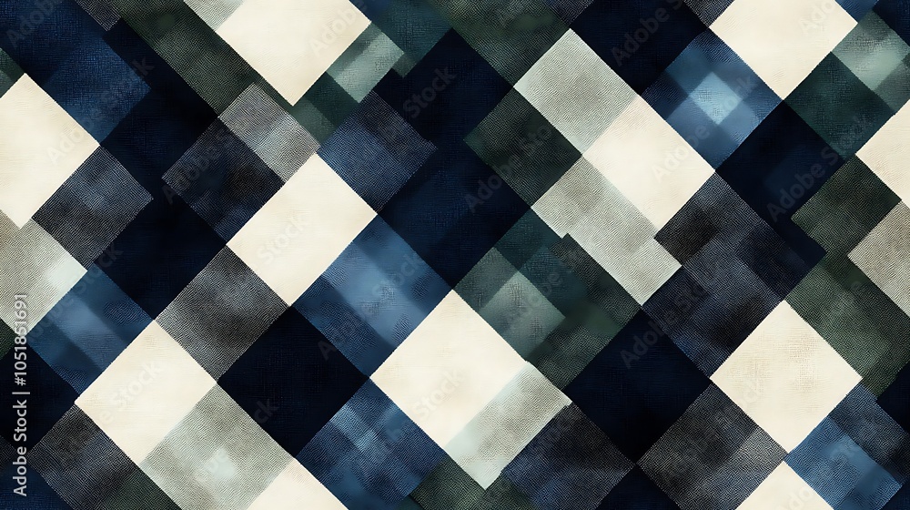 Fototapeta premium A seamless gingham fabric pattern with a tartan twist, featuring diagonal lines in navy and forest green, intersecting classic blue and white gingham squares, intricate detailing, hd quality,