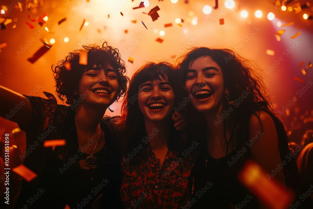 Obraz premium Three women celebrating joyfully with confetti during a lively party at night in a vibrant atmosphere