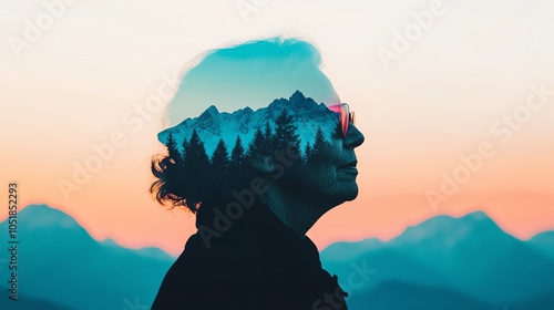 An older woman hiking along a mountain trail close up, focus on, copy space, cool blues and greens, Double exposure silhouette with mountain peaks photo