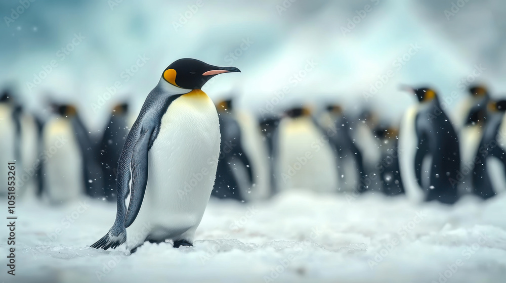 Fototapeta premium Group of king penguins coming back together from sea to beach with waves in the background