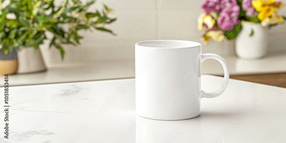 A plain white mug sits on a countertop next to a colorful bouquet, surrounded by greenery, creating a cozy and inviting atmosphere. A plain white mug sits on a countertop next to a colorful bouquet, surrounded by greenery, creating a cozy and inviting atmosphere.