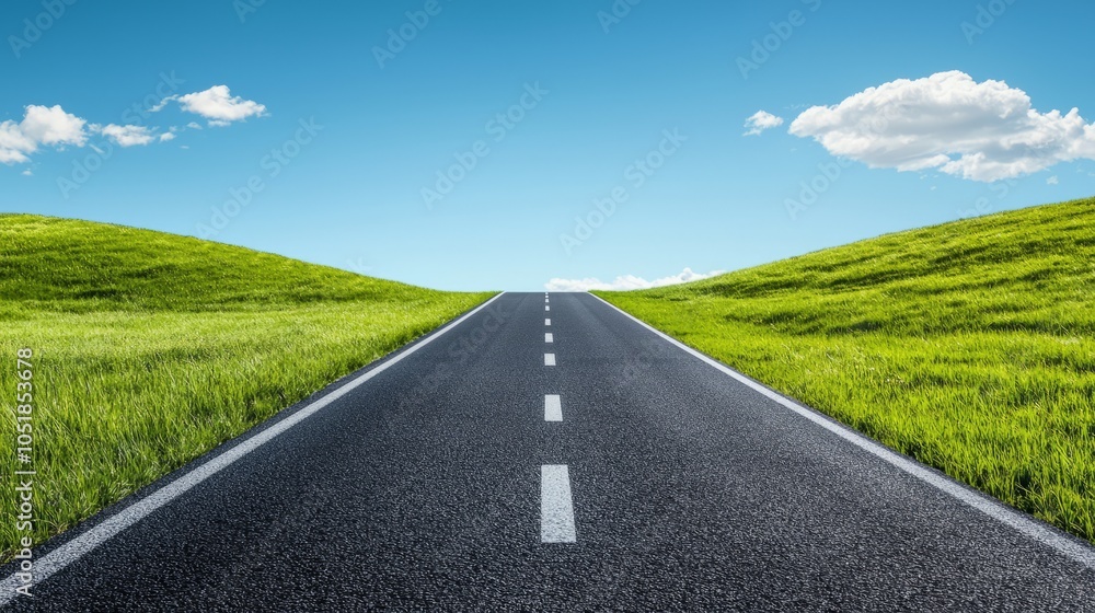 A serene road stretches into the horizon, bordered by vibrant green fields under a clear blue sky with fluffy clouds. A serene road stretches into the horizon, bordered by vibrant green fields under a clear blue sky with fluffy clouds.