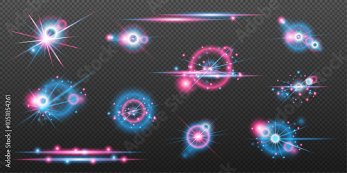 Set Light effects pink blue isolated flare explosion shiny dust line solar flare spark star neon light, vector effect	
