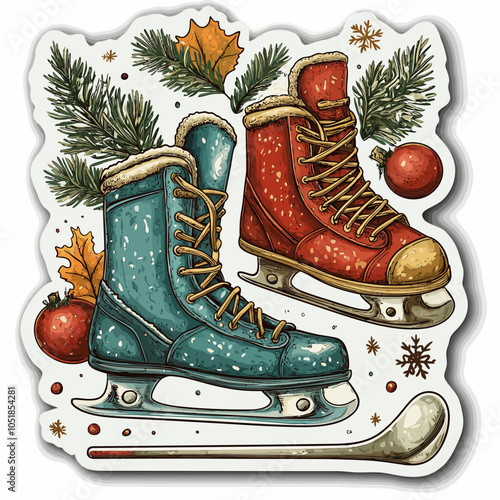 Ice Skates and Hockey Sticks Die Cut Vinyl Sticker Design