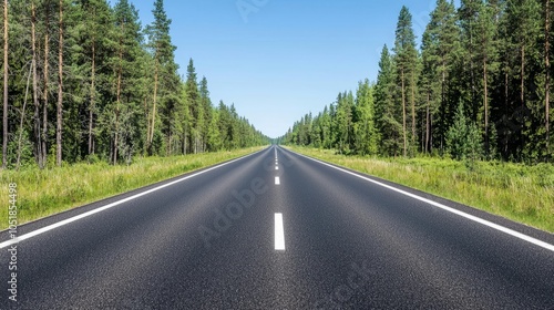 A long, straight highway stretches through a lush forest landscape under a clear blue sky.