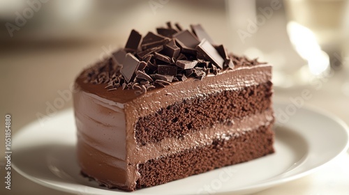 A slice of chocolate cake with frosting and chocolate pieces on top