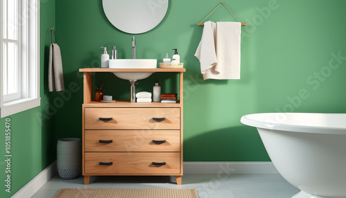 Chest of drawers with sink and bath supplies near green wall in bathroom isolated with white highlights, png photo