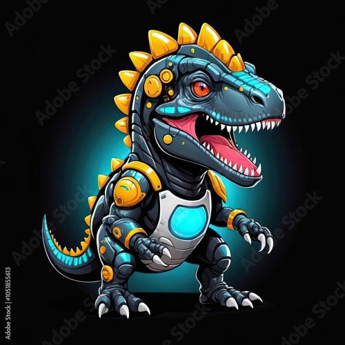 A robotic dinosaur with yellow spikes and a glowing blue chest plate stands against a black background photo