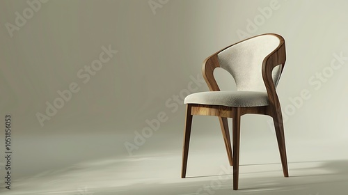 A contemporary wooden dining chair with a curved backrest and padded seat, finely detailed and isolated on a plain background