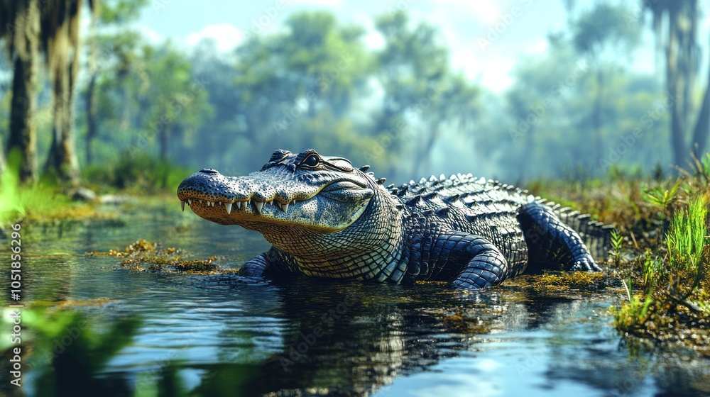 A Large Alligator Resting in a Swampy Stream A Large Alligator Resting in a Swampy Stream