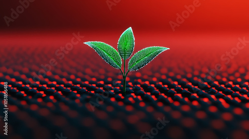 Obraz na płótnie A vibrant green sprout emerging from a textured surface, symbolizing growth and renewal against a striking red background. w salonie