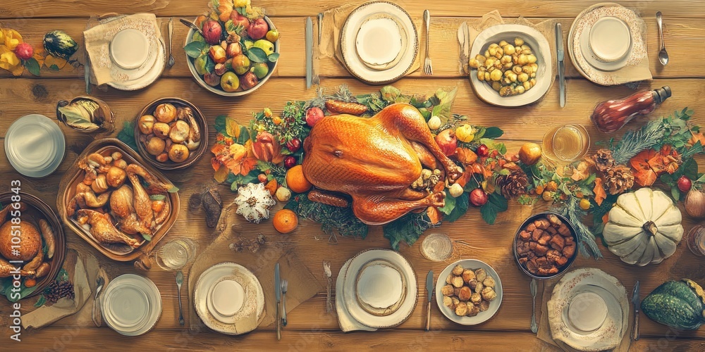 A table with a large turkey and many other dishes, including a pumpkin A table with a large turkey and many other dishes, including a pumpkin