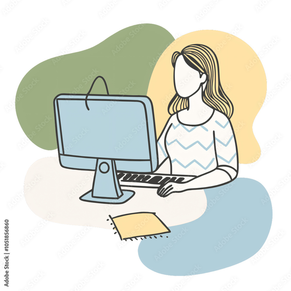 A minimalist illustration of a woman with long hair working on a desktop computer, set against a transparent background. Simple shapes and pastel colors create a serene A minimalist illustration of a woman with long hair working on a desktop computer, set against a transparent background. Simple shapes and pastel colors create a serene