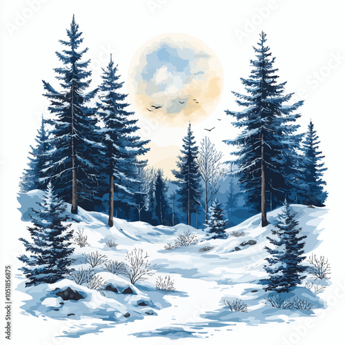 Snow Laden Pine Trees, Winter Scene, Die Cut Sticker Design