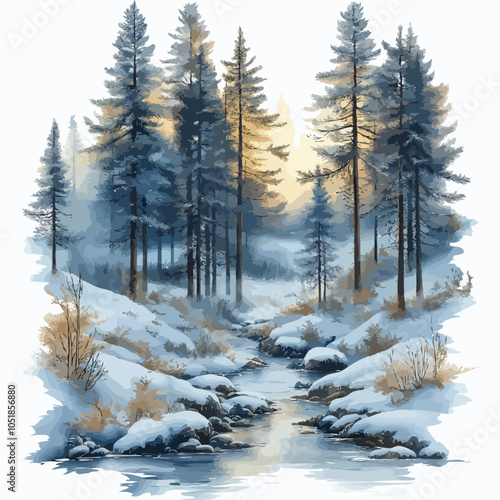 Snow Laden Pine Trees, Winter Scene, Die Cut Sticker Design